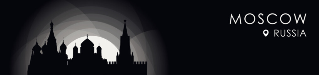 Vector Moscow, Russia cityscape banner. Black and white placard profile picture for header, footer