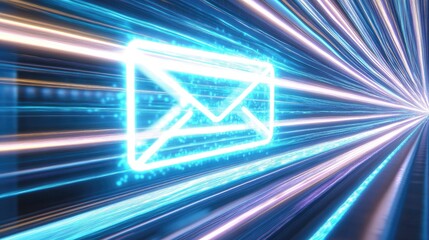 Naklejka premium Futuristic Neon Email Icon Surrounded by Colorful Light Trails Depicting Fast Communication and Digital Messaging Concept in a Modern Setting