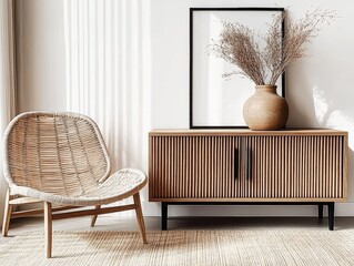 Minimalist Scandinavian Interior with Light Wooden Cabinet and Rattan Chair in Modern Living Room Design