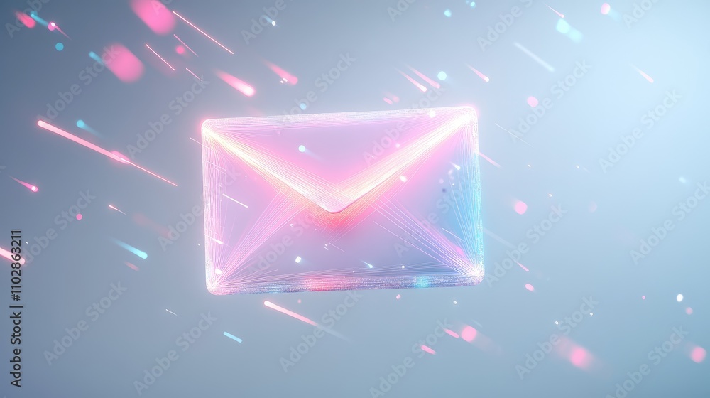 Aufkleber futuristic neon email envelope on abstract background with light trails and digital hues representin