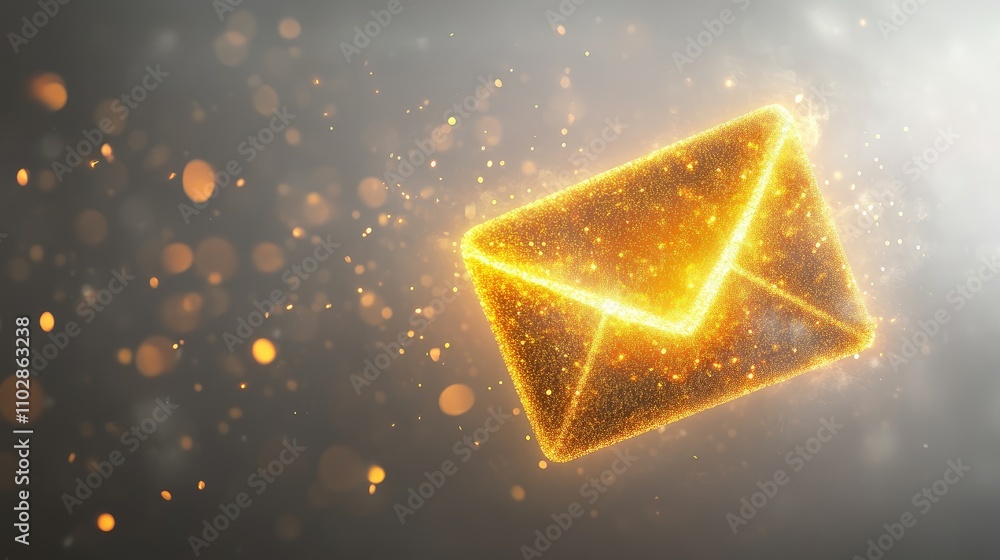 Poster glowing golden envelope illustrating the concept of email communication with sparkling dust and ligh
