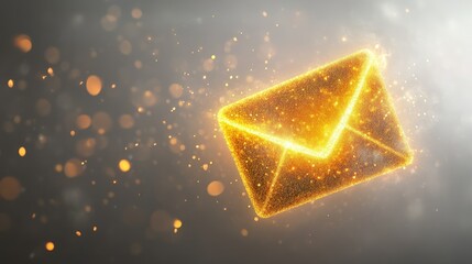 Glowing Golden Envelope Illustrating the Concept of Email Communication with Sparkling Dust and Light Particles on a Soft Background