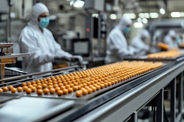A production line in a modern pharmaceutical factory featuring neatly arranged rows of orange pills being transported on a conveyor belt
