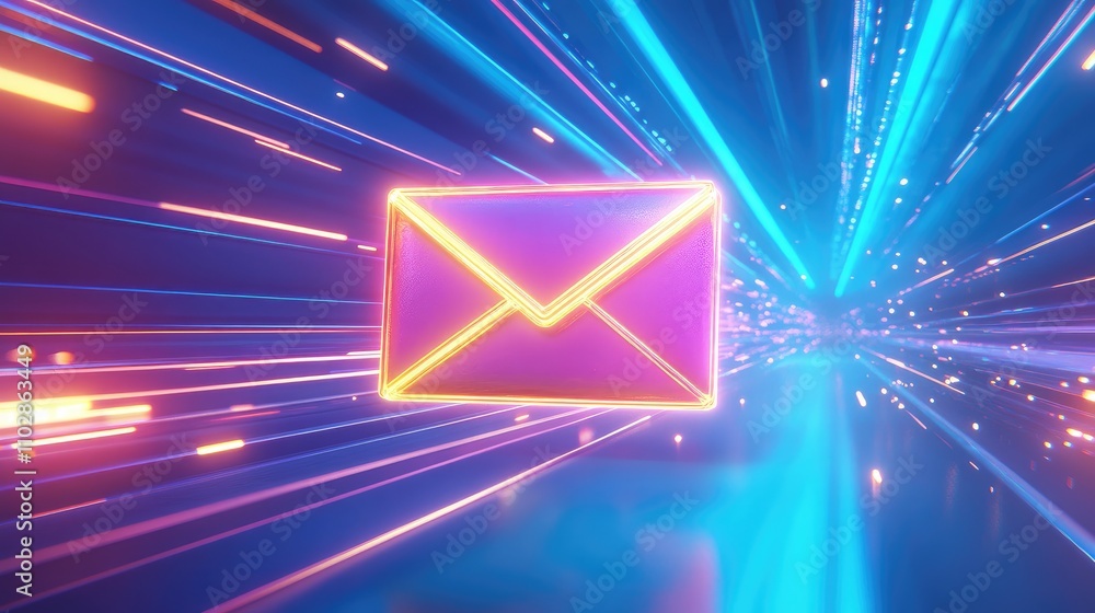Poster stunning neon envelope symbolizing email communication with dynamic blue and orange light trails in 