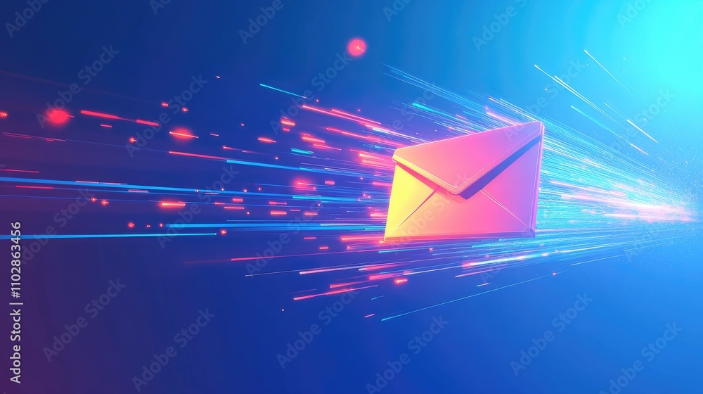 Poster vibrant email icon surrounded by dynamic light trails representing fast communication and digital co
