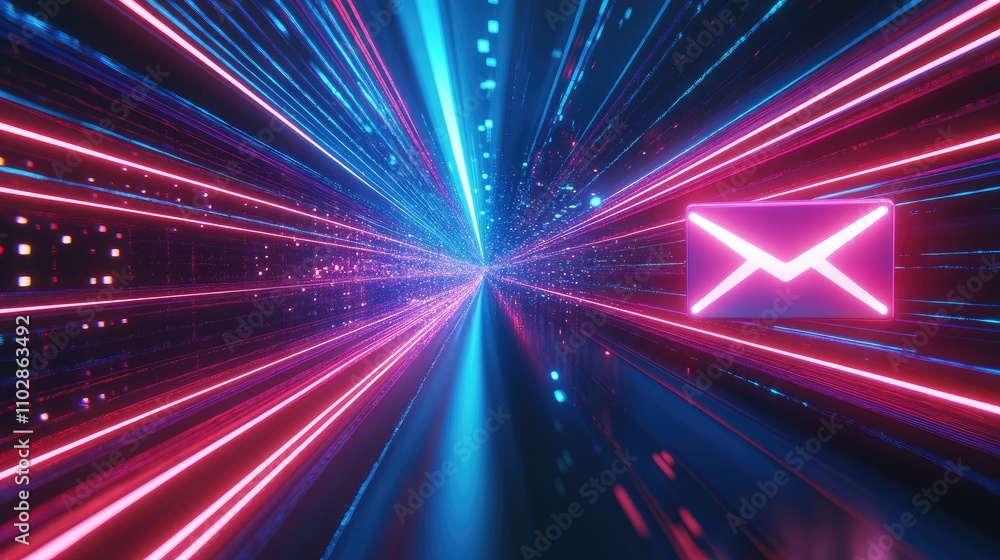 Poster futuristic email communication concept with neon lights and fast-moving digital elements representin