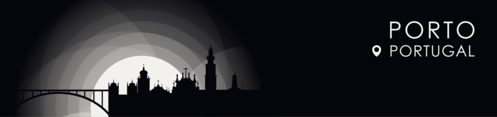 Obraz premium Vector Porto, Portugal cityscape banner. Black and white placard profile picture for header, footer