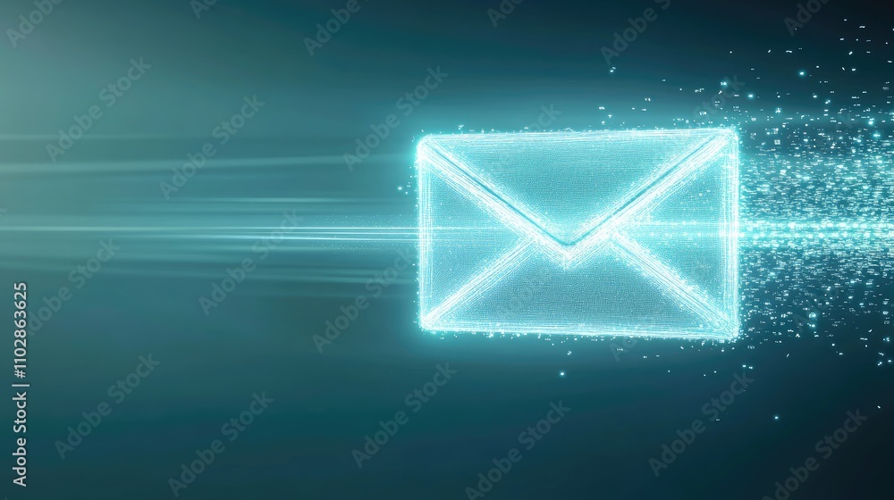Poster glowing mail icon with light trail illustrating digital communication and instant messaging linked t