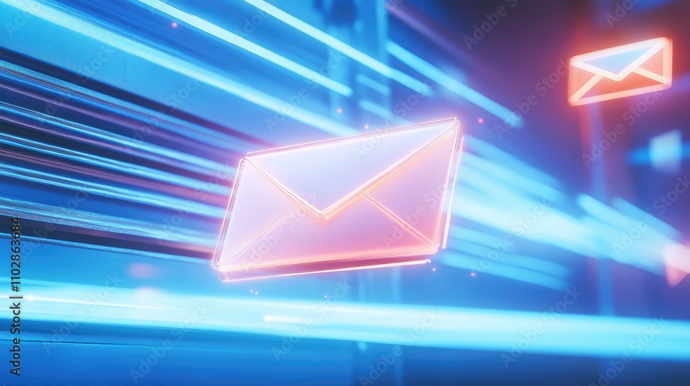 Poster vibrant digital communication concept with floating neon envelope icons against a futuristic backgro