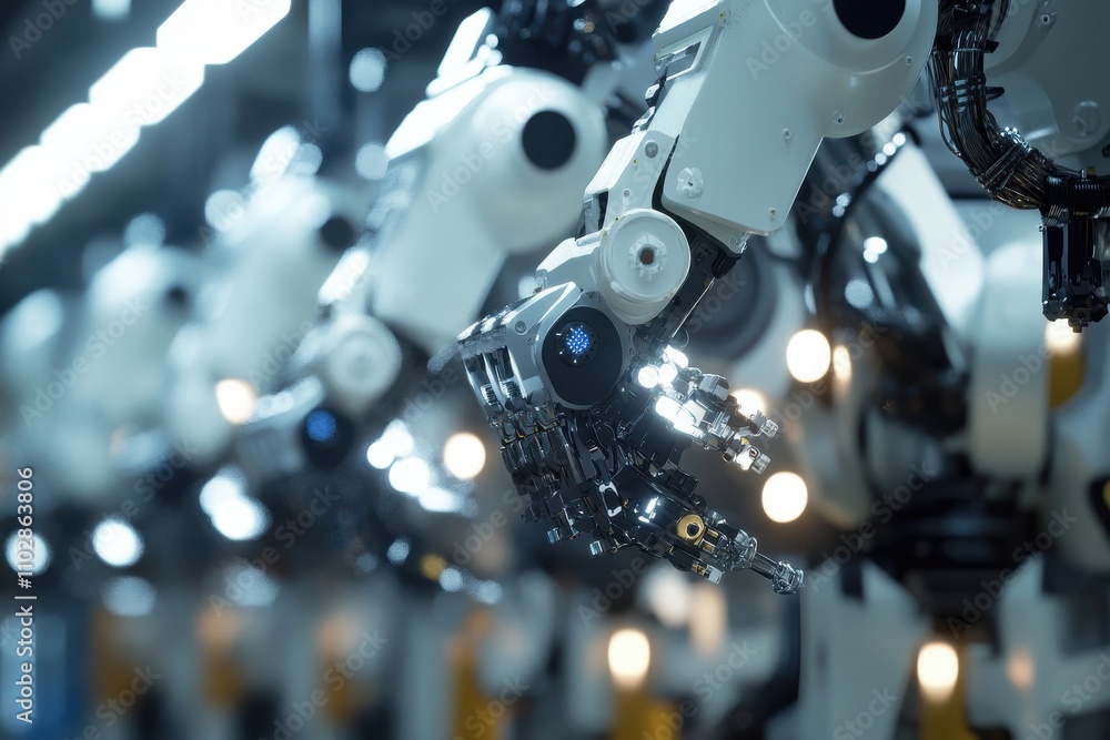 Poster a row of advanced robotic arms working on an assembly line in a brightly lit manufacturing facility