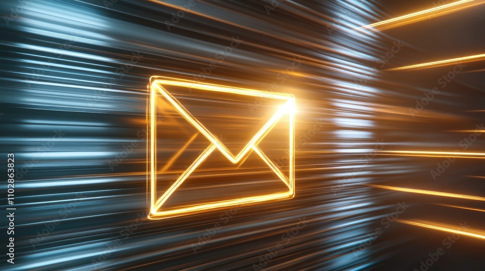 Poster glowing email icon surrounded by dynamic light trails representing digital communication and fast in