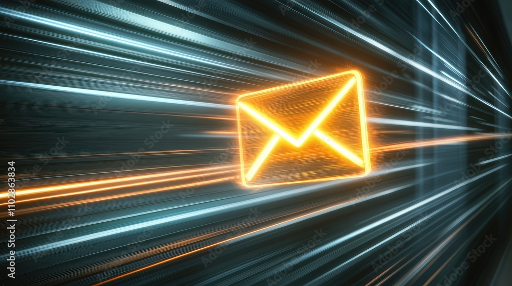 Poster dynamic digital communication concept featuring glowing email icon with motion blur effects, symboli