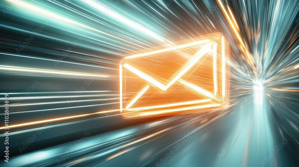 Poster dynamic light burst with email icon illustrating speed and connectivity in the digital era, symboliz