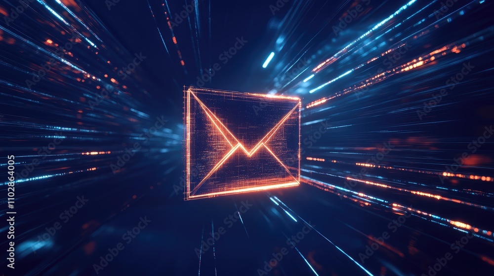 Poster futuristic email concept with energetic lights and dynamic motion representing digital communication