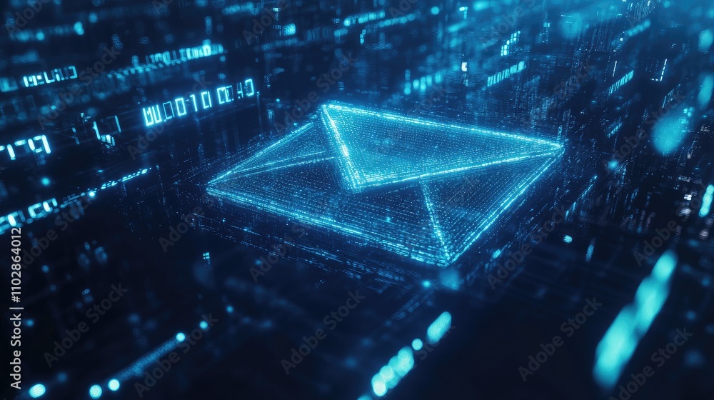 Poster futuristic digital email symbol in a high-tech environment with glowing blue binary code and data st