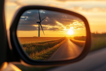 A scenic view of a wind turbine and a straight country road at sunset