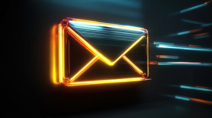 Neon Styled Email Icon on Dark Background Representing Digital Communication and Modern Technology with Enhanced Visual Effects and Vibrant Colors