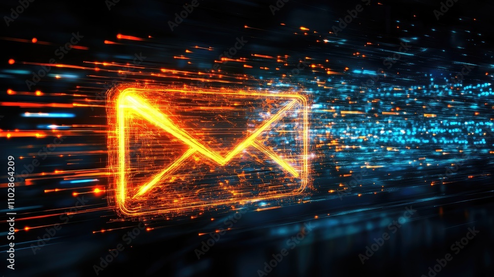 Poster abstract representation of an illuminated email symbol with glowing lines of light, conveying the co