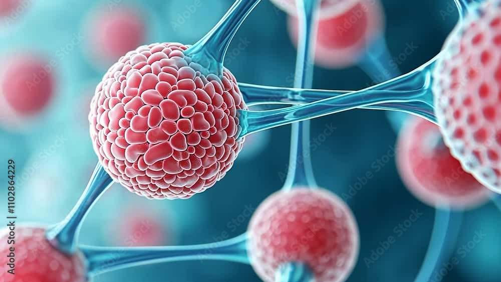 Poster a close-up view of vibrant red cells interconnected by thin strands, a cellular structure