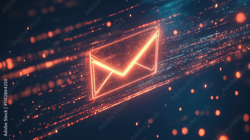 Poster futuristic email icon with glowing effects surrounded by digital particles and light streams represe