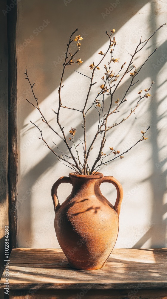 Poster a rustic vase with branches and buds, illuminated by soft sunlight.