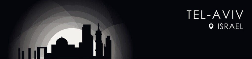 Vector Tel Aviv, Israel cityscape banner. Black and white placard profile picture for header, footer