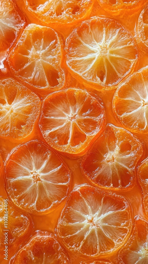 Poster a close-up view of sliced citrus fruits arranged in a vibrant pattern.