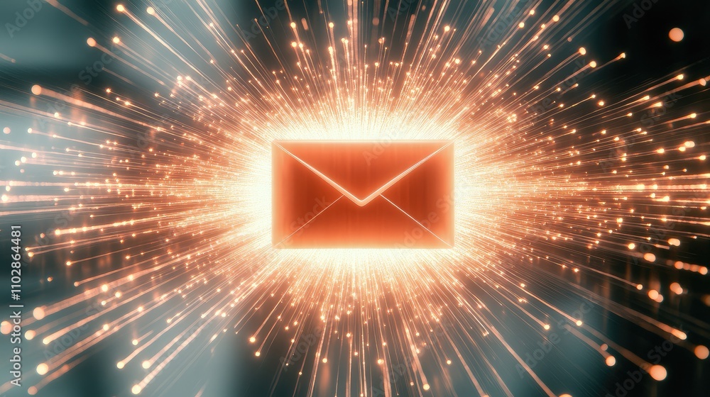 Poster bright envelope surrounded by sparkles and light, symbolizing instant communication and digital mess