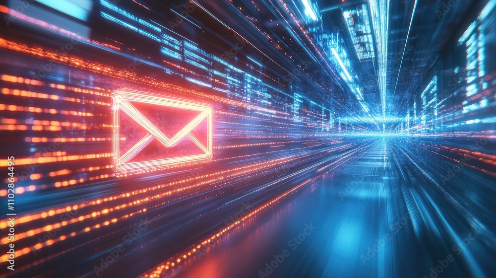 Poster abstract illustration of futuristic data transmission with glowing email icon representing fast comm