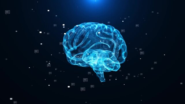 Futuristic 3d Hologram of Human brain Energy Flows In A Futuristic HUD Anatomy Infographic. Brain 3d wireframe NPU Neural Processing Unit Ai and machine learning. tech Global medicine science research