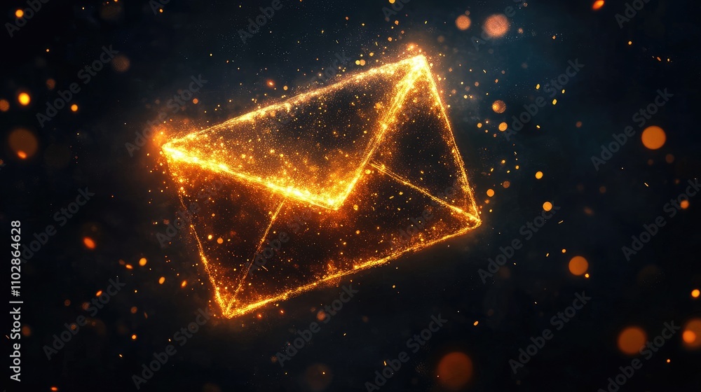 Poster glowing sparkling email icon in a dark background with bright particles and textures representing di