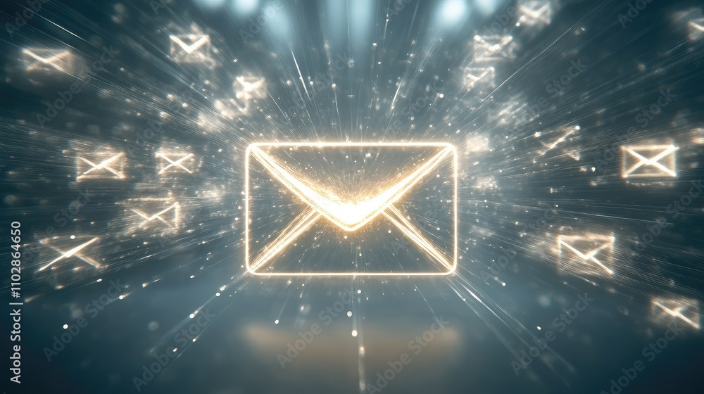 Poster futuristic email communication concept with glowing envelope and dynamic light effects representing 