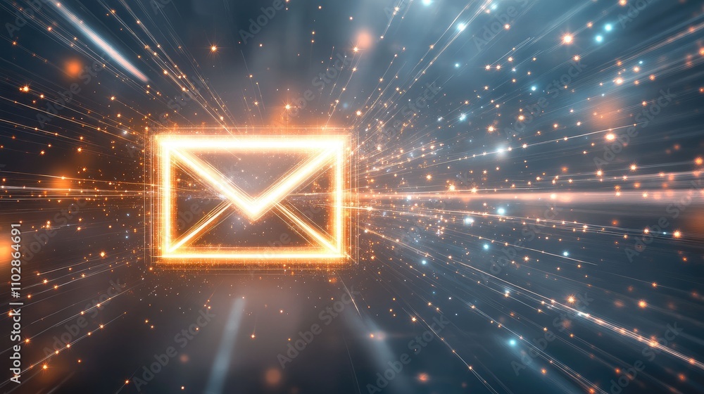 Poster bright sparkling email icon surrounded by light trails and stars creating a dynamic digital communic