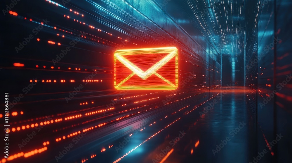 Poster futuristic digital mail concept with glowing red envelope symbolizing fast email communication in a 