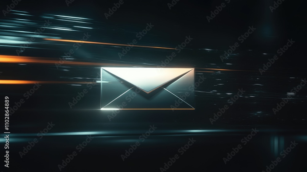 Poster futuristic email icon surrounded by dynamic light trails representing speed and connectivity in the 