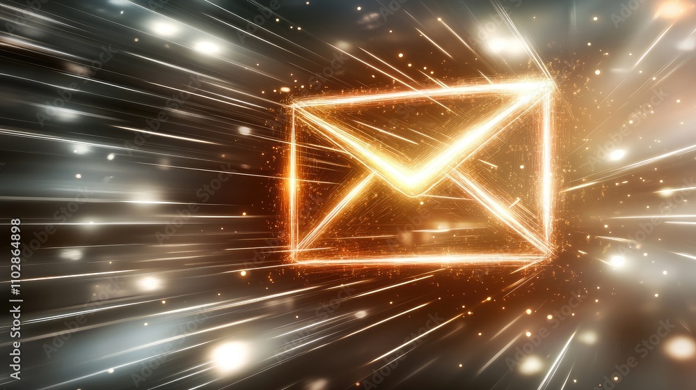 Poster abstract glowing envelope icon representing digital communication through email, set against a backd