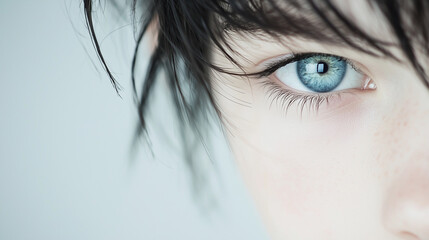 Fototapeta premium Intense Gaze: Close-up portrait of a young person's piercing blue eye, showcasing a captivating and enigmatic expression.