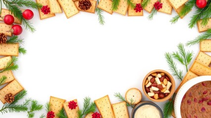 A beautifully arranged decorative frame with bowls, crackers, and greenery, ideal for festive or culinary designs greeting card with ample copy space in the middle, decor, decorative