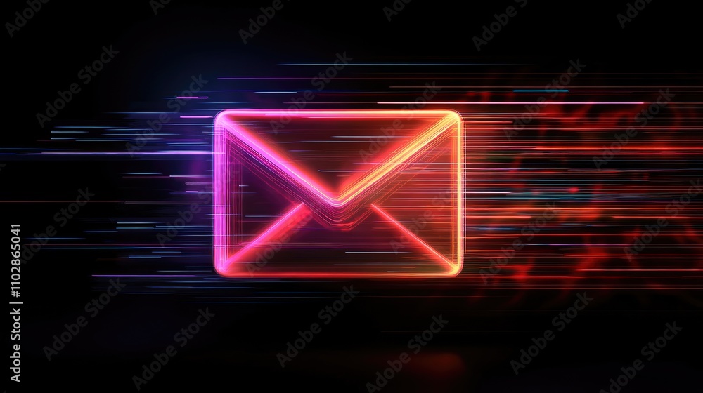 Poster abstract depiction of a glowing email icon surrounded by vibrant colors and dynamic light trails, sy