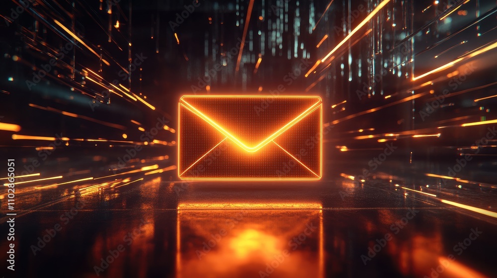 Poster futuristic digital mail envelope with glowing lines and data streams representing speed and communic