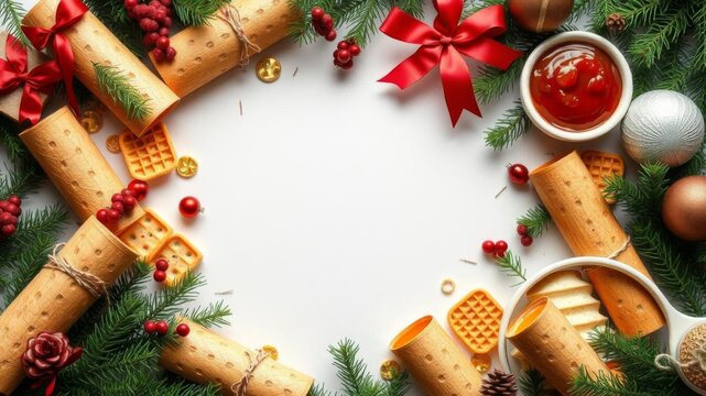 A beautifully arranged decorative frame with bowls, crackers, and greenery, ideal for festive or culinary designs, with copy space for a greeting card, decoration, greeting card