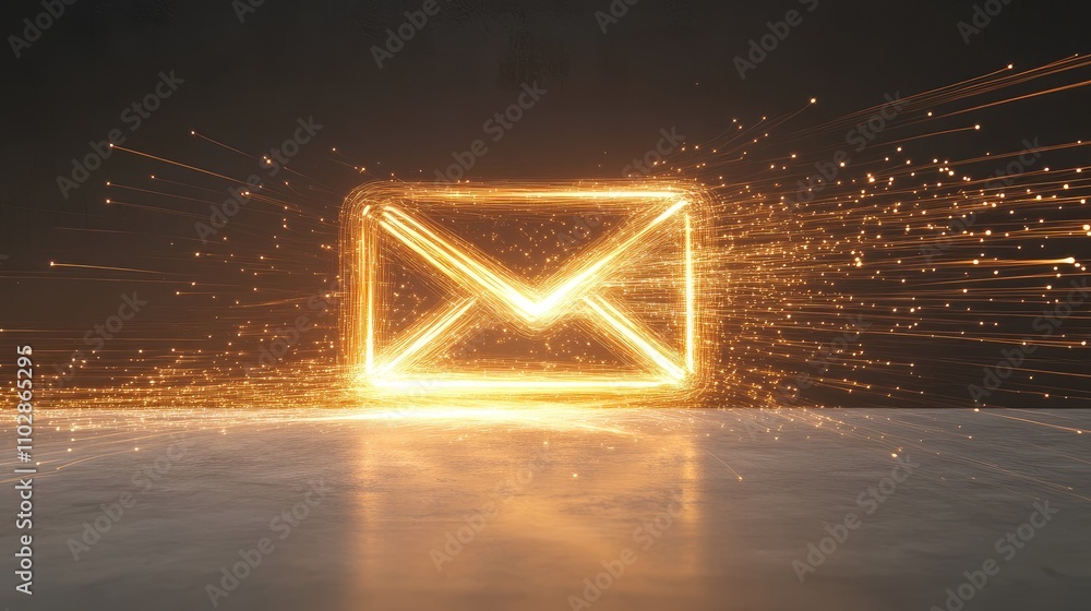 Poster glowing email icon with sparks and light trails in a dark background, representing digital communica