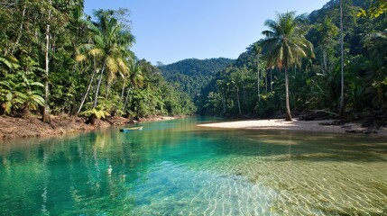 Serene Tropical River  Lush Rainforest  Boat  Calm Water  Sunny Day  Exotic Paradise  Vaca