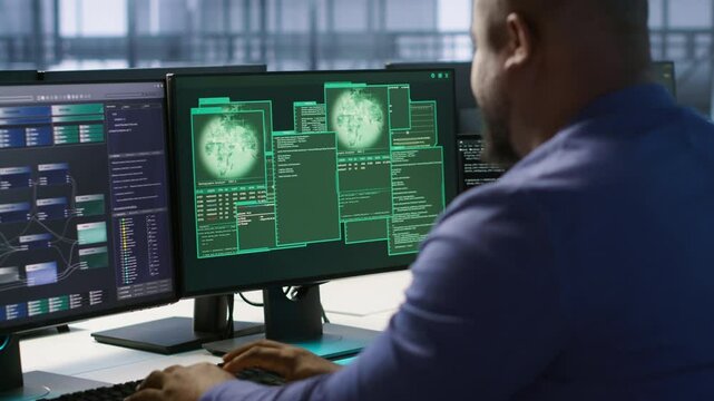 Data center engineer assisting in rollout of comprehensive cybersecurity framework, reducing security incidents and enhancing data protection protocols. Server room worker upgrading systems, camera A