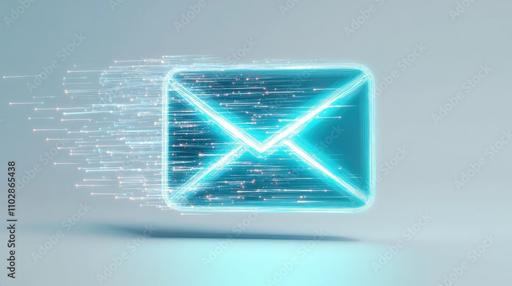 Poster futuristic neon email icon with motion effect representing fast digital communication in a modern bu