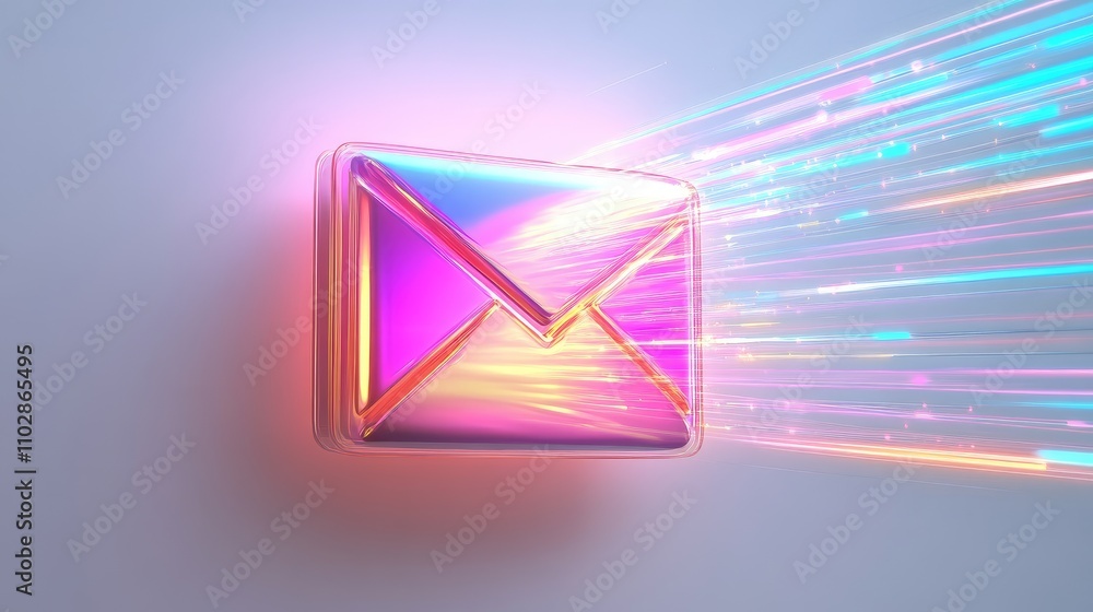 Poster futuristic digital envelope with colorful light trails representing email communication and instant 