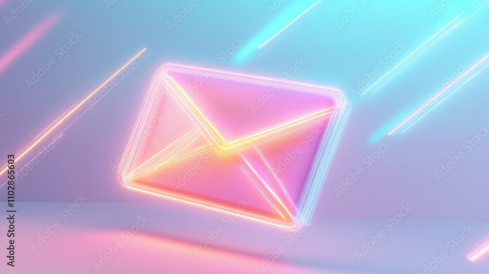 Poster futuristic neon email icon surrounded by dynamic light trails representing digital communication and