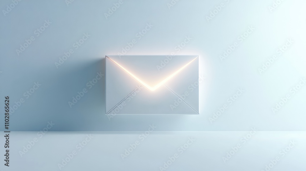 Poster minimalistic glowing envelope on a soft blue background conveying digital communication and modern c