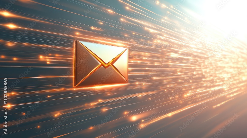Poster dynamic representation of a glowing email icon surrounded by radiating light effects emphasizing com
