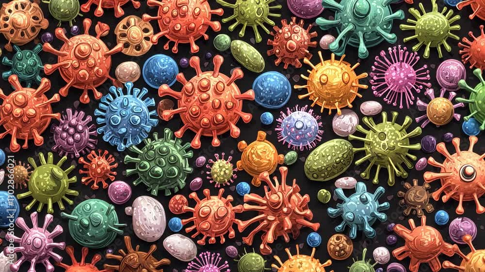 Poster a vibrant array of colorful virus and bacteria models